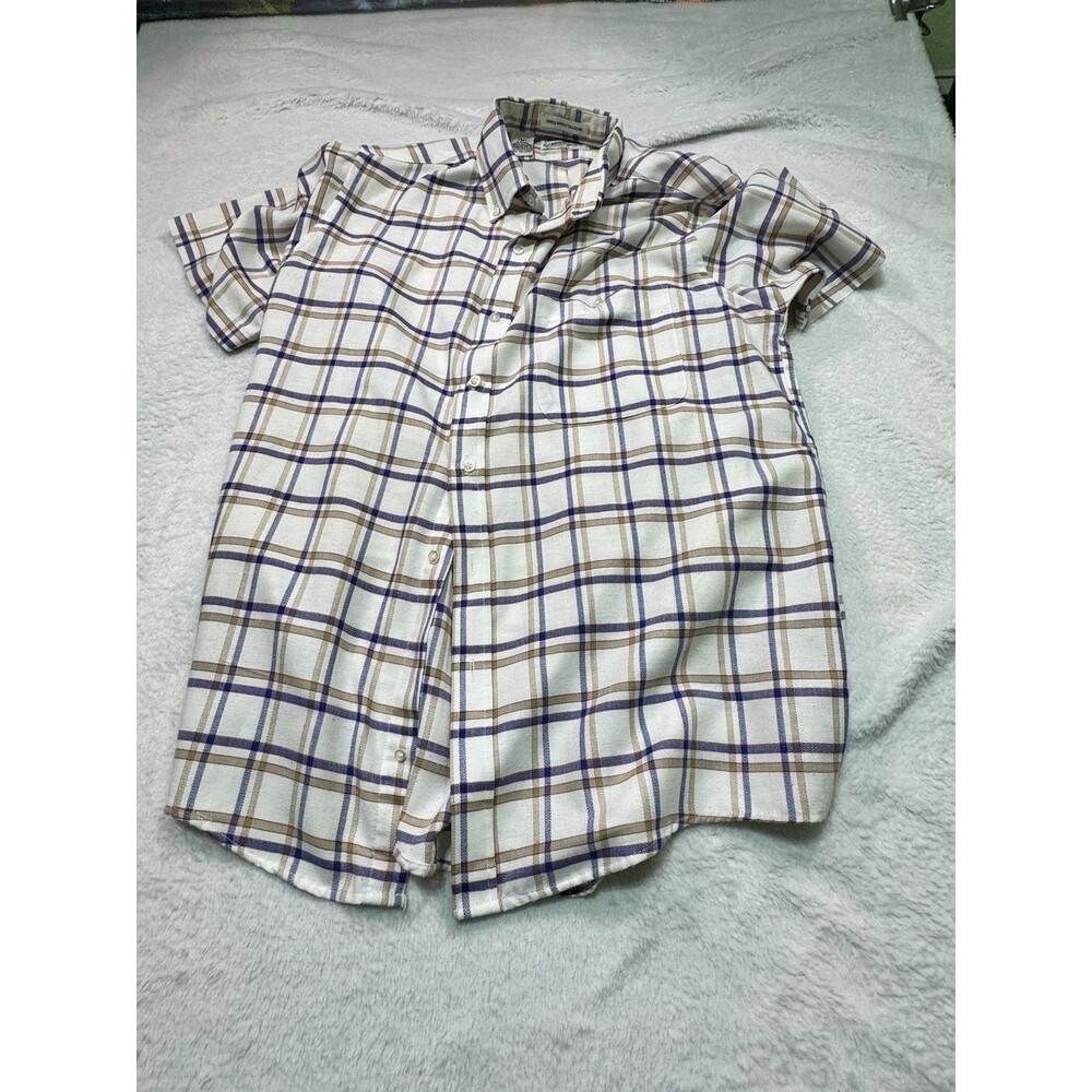 Vintage Sears Sport Shirt Blue Brown Check SS Button Down M Poly Cotton Exc Cond